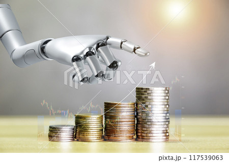 Robot trading concept. Robot hand on gold coin charts represents use of artificial intelligence in trading stocks. wealth stock investing concept. AI technology essential. Digital transformation, Robot trading concept. Robot hand on gold coin charts represents use of artificial intelligence in trading stocks. wealth stock investing concept. AI technology essential. Digital transformation, 117539063