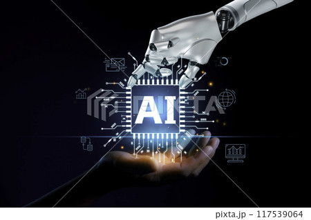 AI,Machine learning, Robotic hand and human touch AI virtual Icon represents the exchange of artificial intelligence brains with humans. Exchange of human thoughts Network technology connects. AI,Machine learning, Robotic hand and human touch AI virtual Icon represents the exchange of artificial intelligence brains with humans. Exchange of human thoughts Network technology connects. 117539064