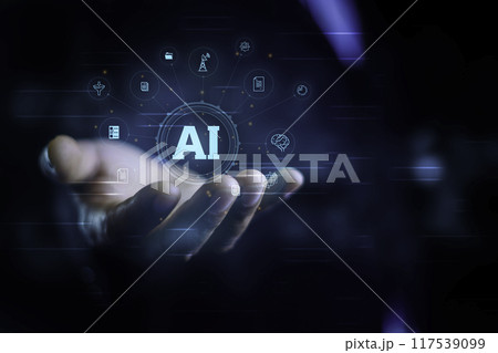 Ai tech, Search Engine Optimization-SEO concept. businessman show virtual graphic Global Internet networks With AI. Ai data analysis and Management System for web 3.0 on Futuristic virtual screen. 117539099