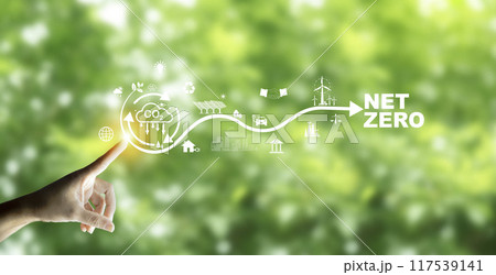 Businessman points at Carbon neutrality icon, Green Energy Renewable Sustainable concept. Net zero emission Idea innovative. carbon neutrality in 2050. Carbon credit market concept. Businessman points at Carbon neutrality icon, Green Energy Renewable Sustainable concept. Net zero emission Idea innovative. carbon neutrality in 2050. Carbon credit market concept. 117539141