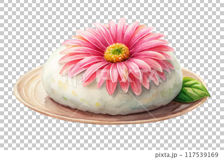 Daifuku - Cute Mini Dessert, Daifuku (Mochi) - Soft Water Color Flower Collection | Japanese Sweets Painting - Gerbera daisy 117539169