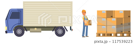 Shipping truck loading. Worker carry cardboard box 117539223