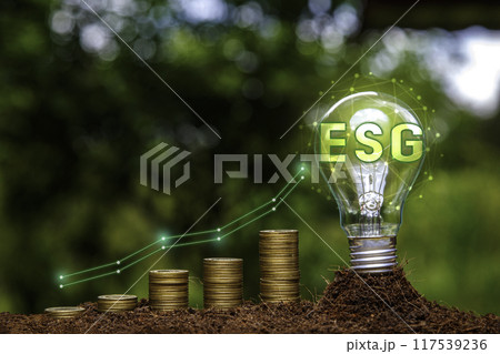 ESG icon in light bulb and Gold Coin graph on green nature background. Investing in the environment, society, governance or Investing ESG in the industrial. esg invest, green energy renewable concept. 117539236