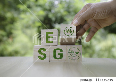 ESG icon in wood on green background. Investing in environmental, social, governance or Invest ESG in industry. ESG investment. Green renewable energy concept. Innovation technology ecology energy ESG icon in wood on green background. Investing in environmental, social, governance or Invest ESG in industry. ESG investment. Green renewable energy concept. Innovation technology ecology energy 117539249