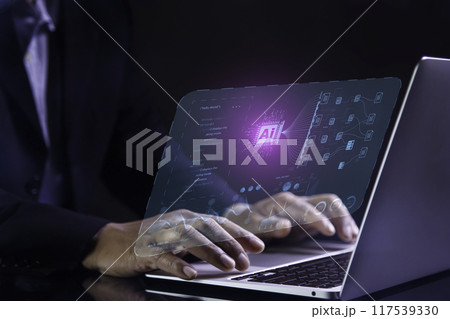 Ai tech, Ai data analysis and Management System for web 3.0 on Futuristic virtual screen. Search Engine Optimization-SEO concept. businessman show virtual graphic Global Internet networks With AI. 117539330
