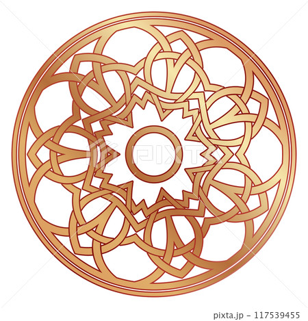 Golden mandala monogram. Round metal ornament element 117539455