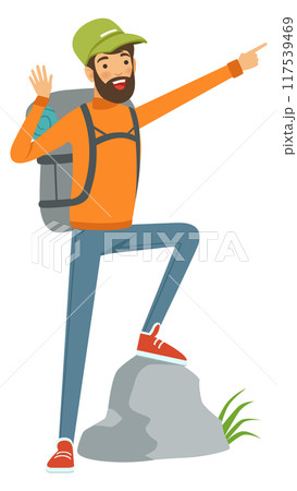 Hiking tourist pointing direction. Outdoor travel character 117539469