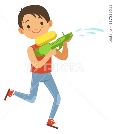 Boy with water gun. Happy kid game activity 117539515