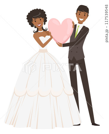 Bride and groom hold heart. Wedding cartoon icon 117539548