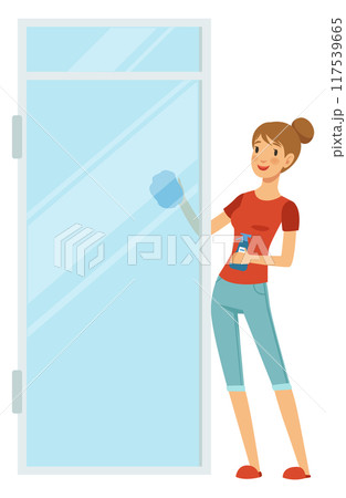Woman cleaning window glass with sponge. Color character 117539665