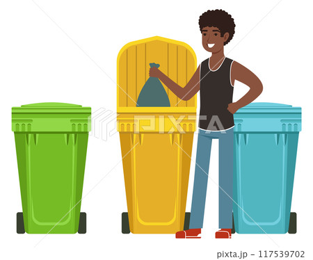 Man throwing trash into recycling can. Sorting waste Man throwing trash into recycling can. Sorting waste 117539702