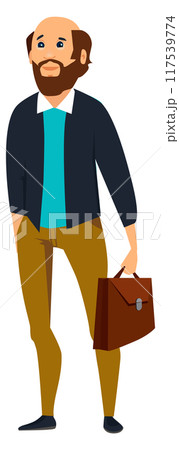 Professor cartoon character. Bearded happy man with briefcase Professor cartoon character. Bearded happy man with briefcase 117539774