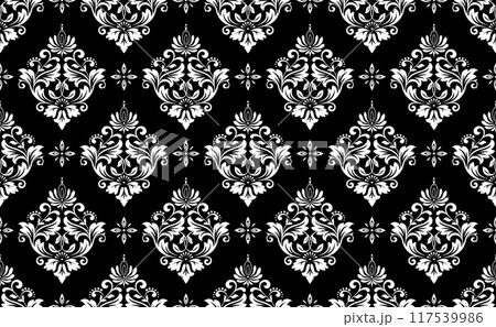 Wallpaper in the style of Baroque. Seamless vector background. White and black floral ornament. Graphic pattern for fabric, wallpaper, packaging. Ornate Damask flower ornament. Wallpaper in the style of Baroque. Seamless vector background. White and black floral ornament. Graphic pattern for fabric, wallpaper, packaging. Ornate Damask flower ornament. 117539986