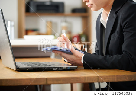 自宅でタブレットを操作するスーツの女性 自宅でタブレットを操作するスーツの女性 117540035