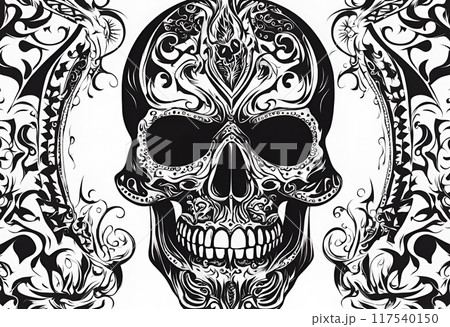 白背景に黒のドクロのトライバル調イラスト 117540150