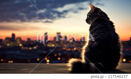 夕暮れの都会のビルを眺める猫の後ろ姿 夕暮れの都会のビルを眺める猫の後ろ姿 117540237