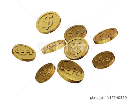 3D illustration of gold dollar coins flying isolated on white background, 3D rendering 3D illustration of gold dollar coins flying isolated on white background, 3D rendering 117540330