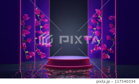 Blank podium stand with neon lights, display podium, purple lights, liquid floor, futuristic showcase for product presentation, 3D rendering 117540334