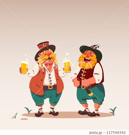 Vector illustration. Two jolly men with large mustaches, dressed in traditional Bavarian outfits, laughing while holding frothy beers. Cartoon art style. 117540342