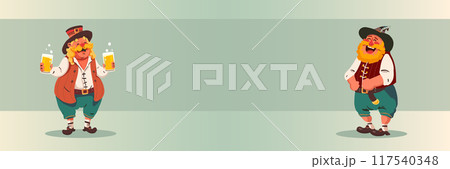 Banner. Vector illustration. Two cheerful men in traditional Bavarian attire, holding two beer mugs and laughing. Cartoon art style. Copy space. Banner. Vector illustration. Two cheerful men in traditional Bavarian attire, holding two beer mugs and laughing. Cartoon art style. Copy space. 117540348
