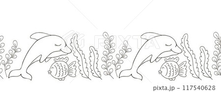 Marine seamless border. Monochrome fairy-tale drawing 117540628