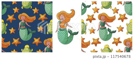 Set Creative marine seamless pattern. Pattern in hand draw style, created for fabrics 117540678