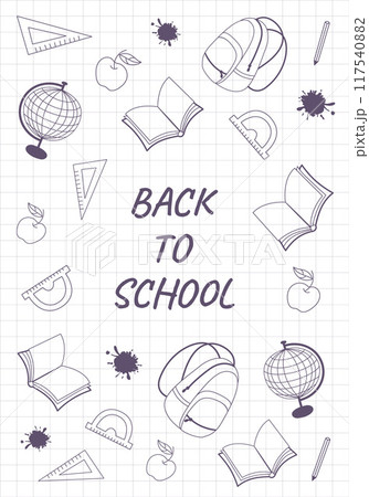 Back to school quotes with school supplies in doodle style. Back to school quotes with school supplies in doodle style. 117540882