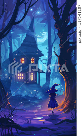 Spooky Halloween landscape with witch near eerie house and glowing windows in a magical forest 117541107