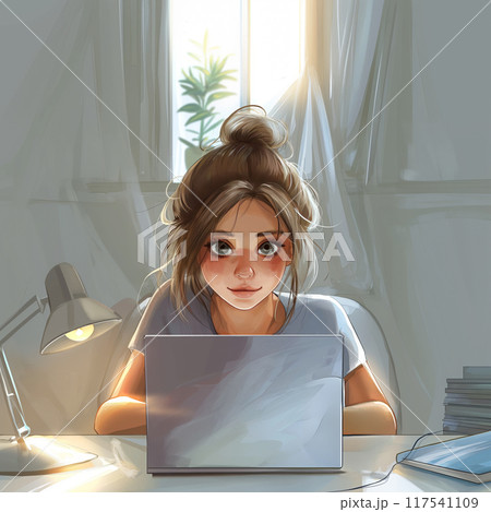 Cartoon girl with long wavy brown hair and gray eyes working on a laptop, illustration 117541109