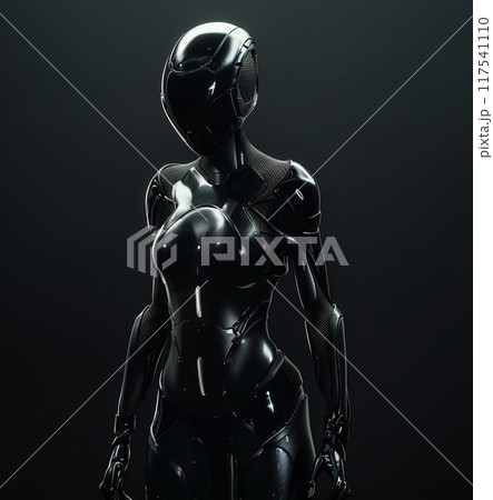 Futuristic black power suit with helmet for woman, minimalist design, dark background. 117541110
