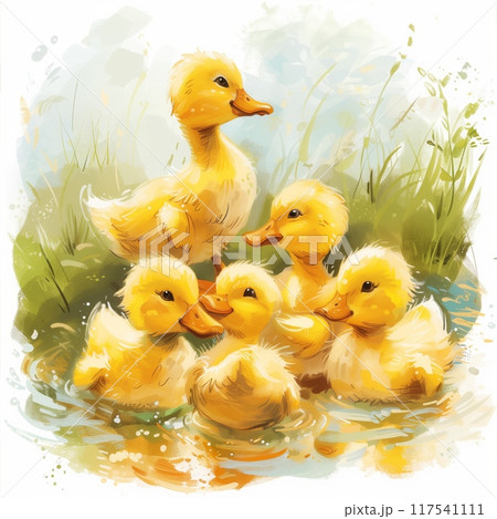 Adorable yellow ducklings standing together, watercolor illustration. Easter spring. Happy Easter. 117541111