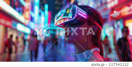 Woman with VR headset in neon futuristic city at night, showcasing advanced technology 117541112