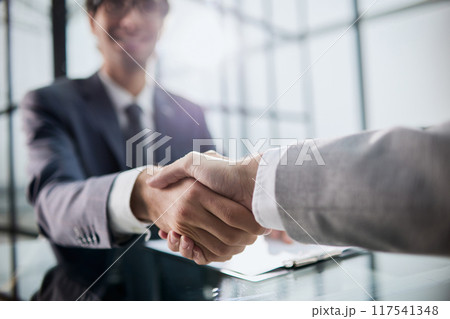 Handshake of two businessmen who enters into the contract to develop a new software 117541348