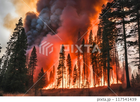 黒煙をあげて燃える山火事 117541439