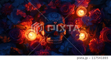 Dia de los muertos themed background with floral arrangement and candlelight for festive design Dia de los muertos themed background with floral arrangement and candlelight for festive design 117541893