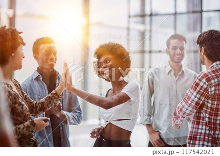 Successful business people giving each other a high five in a meeting 117542021