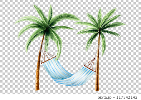 Striped hanging hammock with Green palm trees. Lazy summer clipart. Watercolor hand drawn floral jungle illustration isolated on background. For designers, postcards, greetings, birthday, calendar 117542142