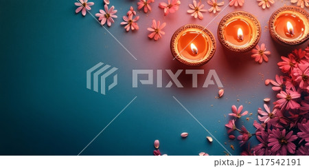 Colorful banner with traditional oil lamps and flowers 117542191