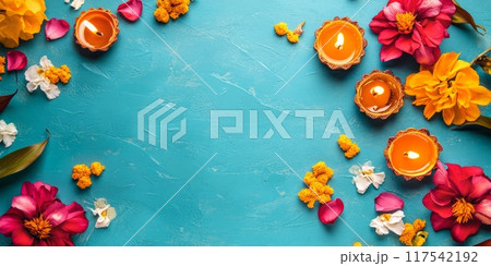 Colorful banner with traditional oil lamps and flowers 117542192