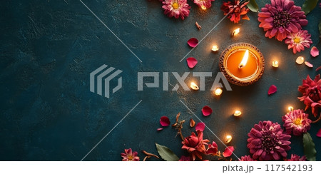 Colorful banner with traditional oil lamps and flowers 117542193