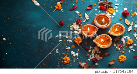 Colorful banner with traditional oil lamps and flowers 117542194