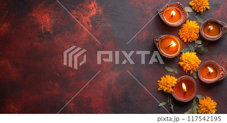 Colorful banner with traditional oil lamps and flowers 117542195