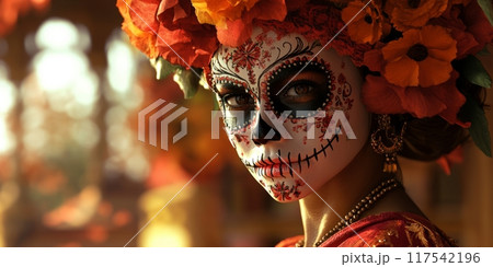 Woman wearing traditional sugar skull mask 117542196