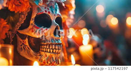 Colorful background with flowers and a sugar skull 117542197