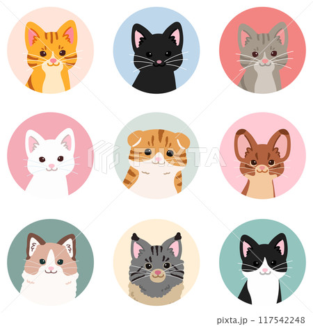 シンプルで可愛い猫の丸いアイコンイラストセット 117542248
