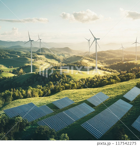 The Renewable Energy Landscape features Wind Turbines and Solar Panels prominently in it 117542275