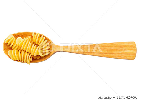 Pasta. Fusilli spirale on a wooden spoon, isolated on white background. Full depth of field. Pasta. Fusilli spirale on a wooden spoon, isolated on white background. Full depth of field. 117542466