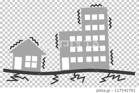 住宅や建物が揺れて倒壊する大震災のイラスト 住宅や建物が揺れて倒壊する大震災のイラスト 117542701