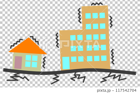 Illustration of a major earthquake in which houses and buildings shake and collapse 117542704