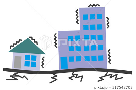 住宅や建物が揺れて倒壊する大震災のイラスト 117542705